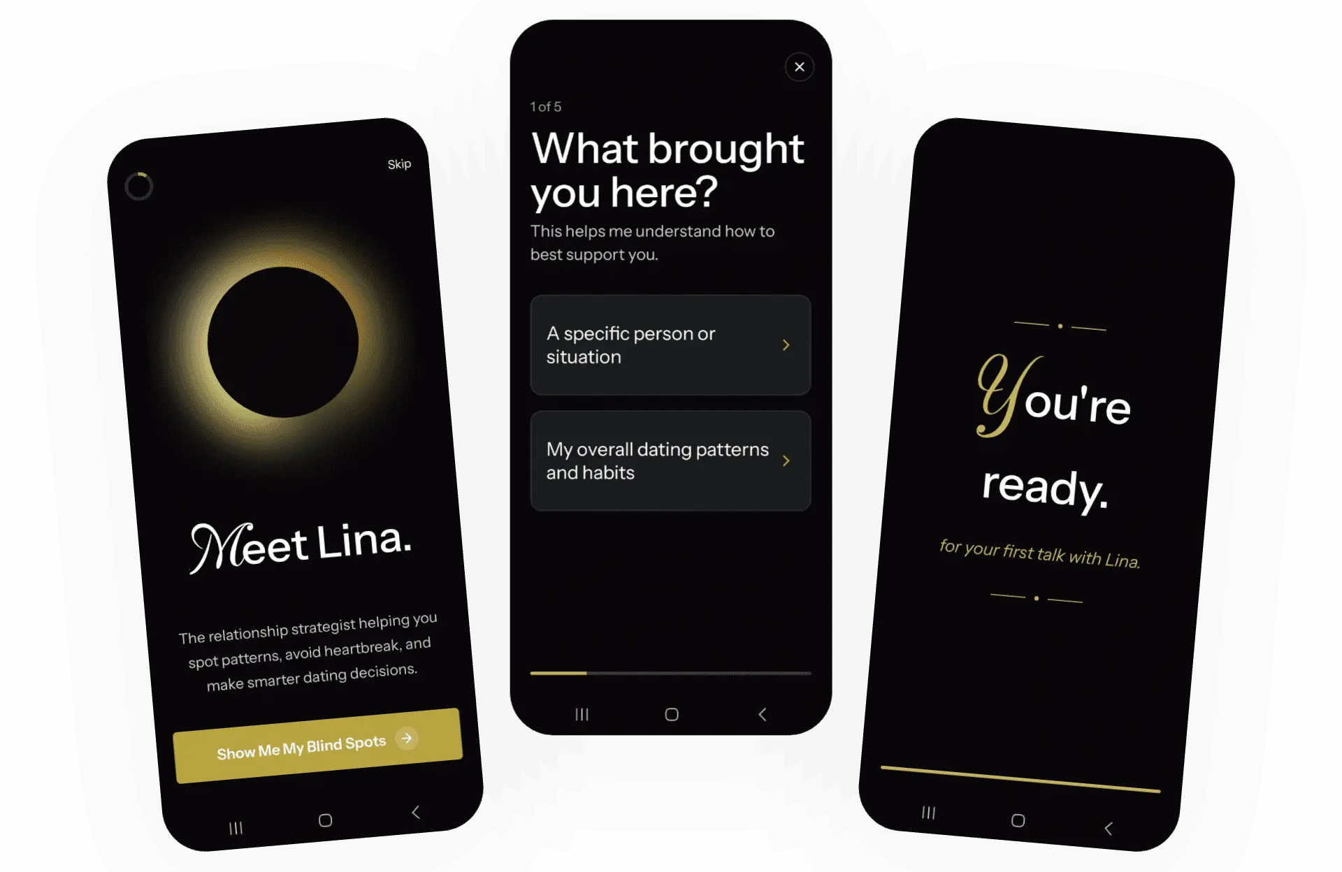 Three phone mockups showing the HeyLina app: Meet Lina intro, an onboarding question, and a 'You're ready' screen